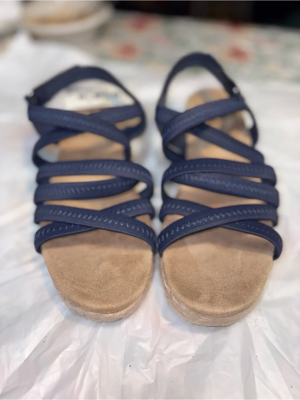 Kim Rogers Cassandra Navy Blue Elastic Strappy Wedge Sandal size 9